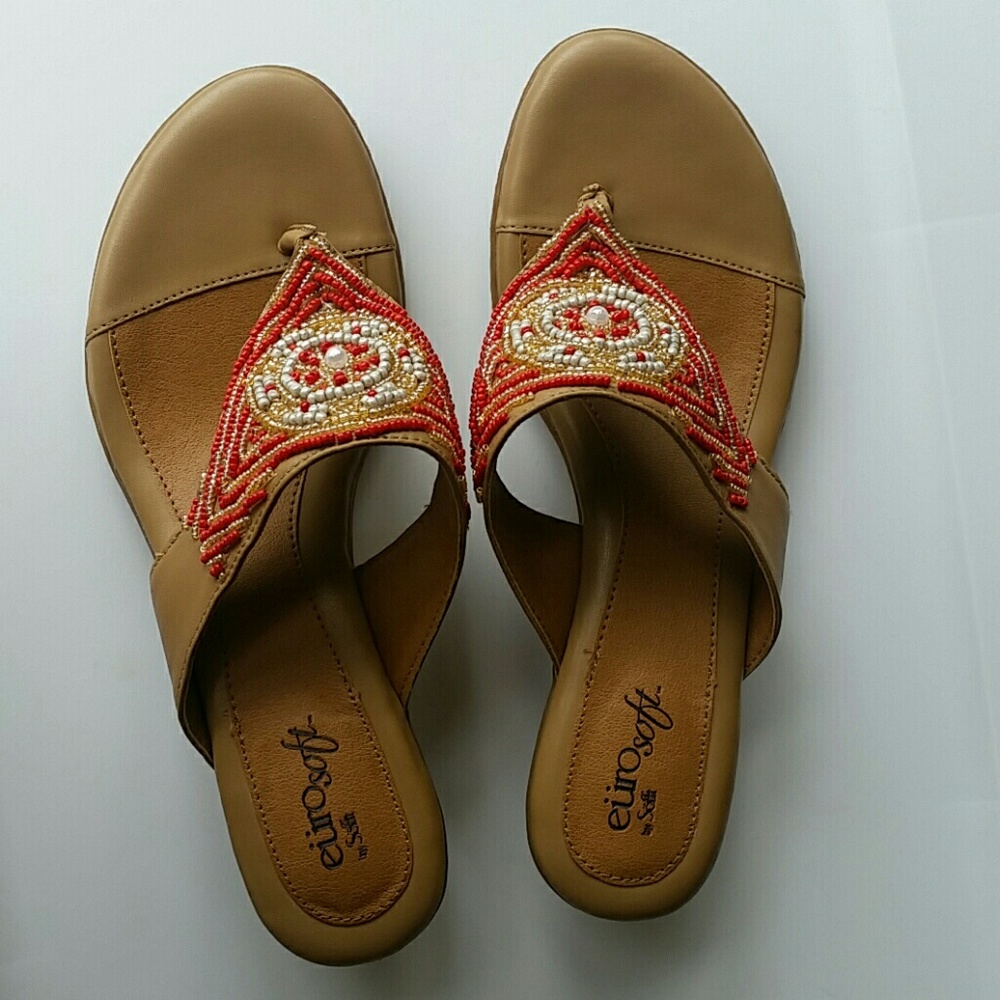 Euro Soft tan Leather Beaded Sandals sz 8.5